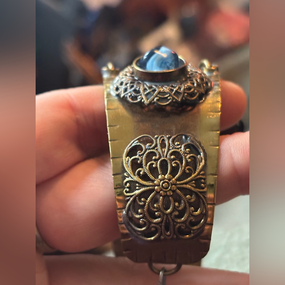 c.1930’s Art Deco Brass Filigree + Hand-Marbled Czech Glass Bracelet • Rare - Picture 12 of 16